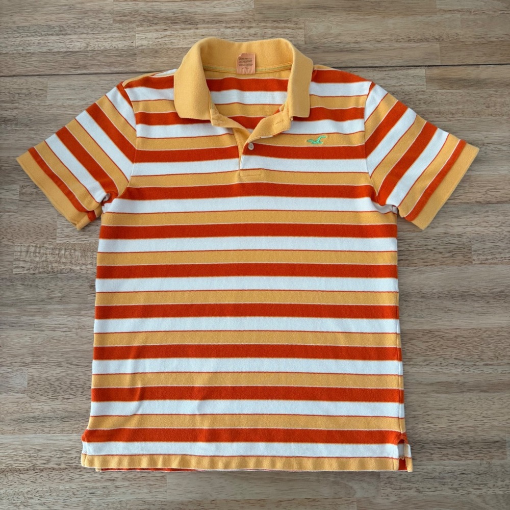 Hollister Mens Medium Orange Striped Short Sleeve Cotton Pique Polo Shirt
